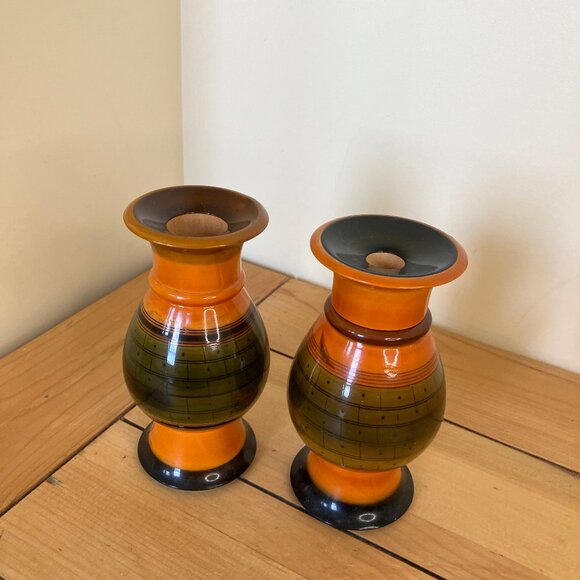 Turned Wood Lacquer Decorative Vase Set of 2 Orange & Green Hand Painted Design - Picture 6 of 6
